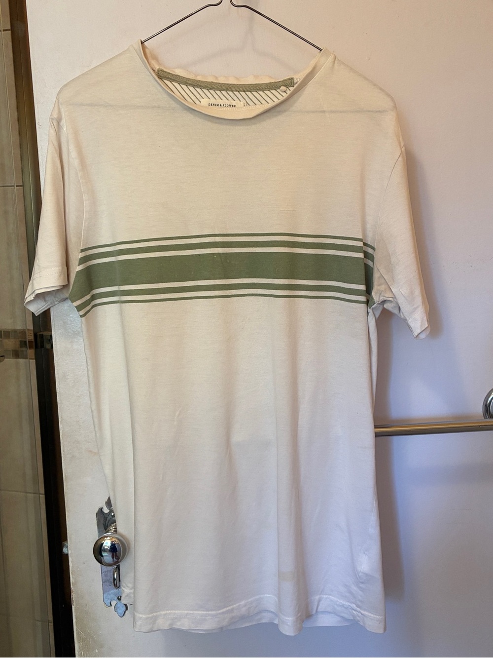 Denim & Flower White T-Shirt with Green Stripe